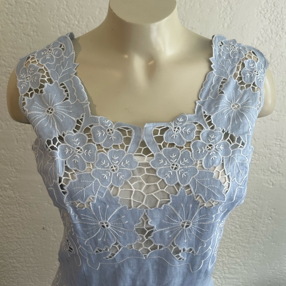 J. PETERMAN Elegant Lace Sleeveless 100% linen floral Light Blue Sz 2 - Picture 5 of 14